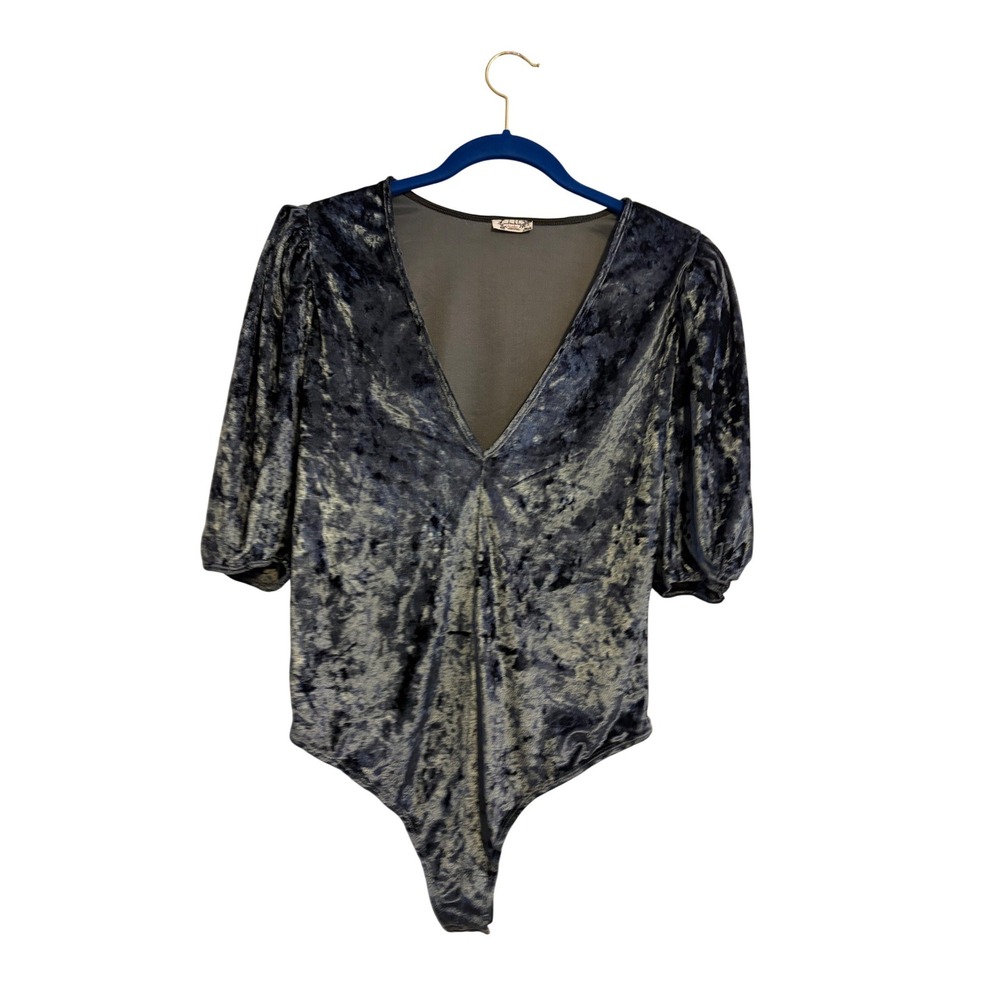 Intimately Free People Blue Crushed Velvet Puff Sleeve‎ V-Neck Bodysuit Size L